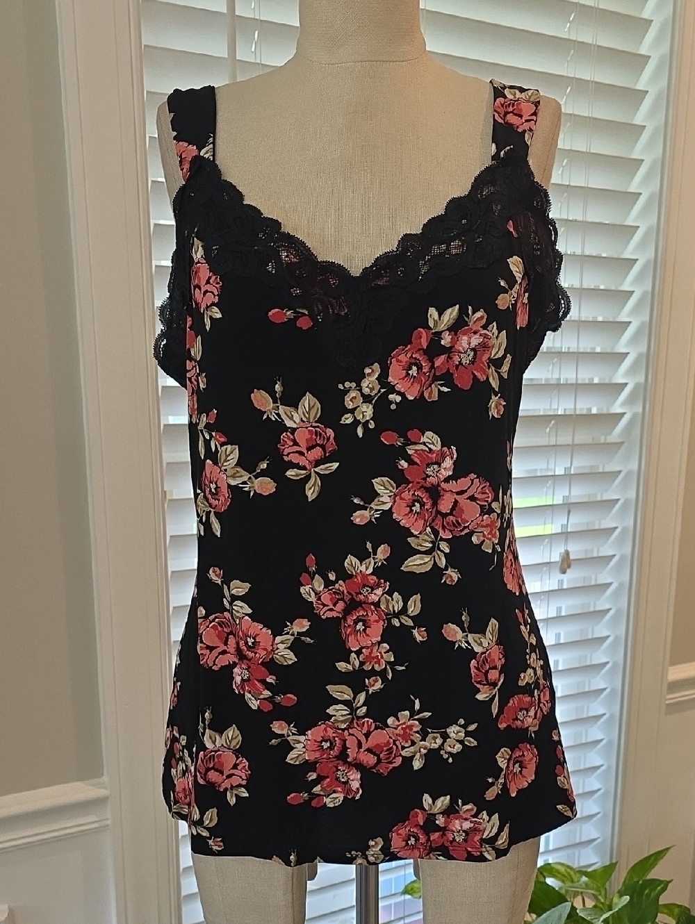White House Black Market Gray Floral Tank with Pink Blooms